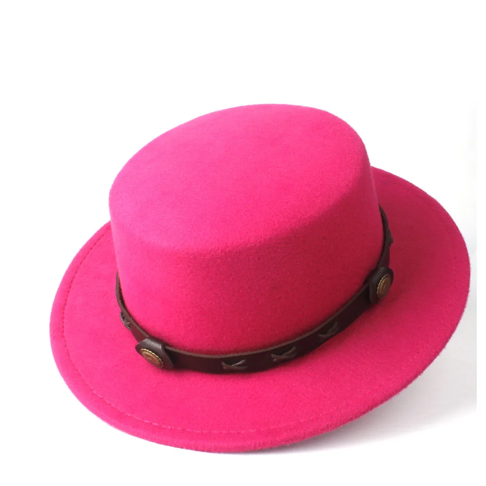 Rose Red Модная шляпа с плоским верхом для женщин и мужчин, церковная джазовая шляпа, котелок с широкими полями, фетровая шляпа, размер 56-58 см - Цвет: Rose Red