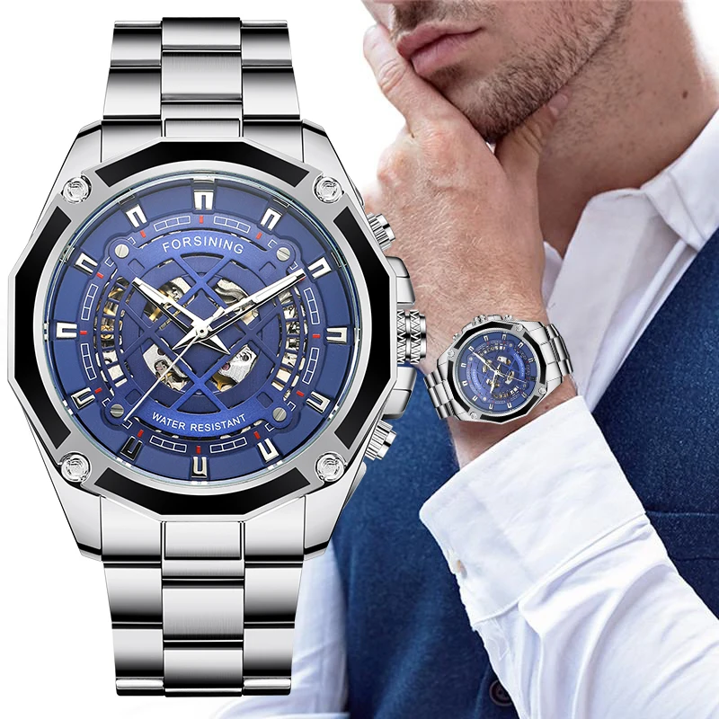 

FORSINING blue skeleton geometric dial men's watch luxury brand mechanical wrist watch men's waterproof luminous sport clock