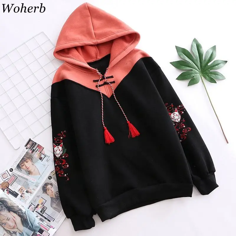 Woherb, японский стиль, длинный рукав, худи с капюшоном, женские, с принтом лисы, из кусков, толстовка, женская, повседневная, свободная, топы, модная новинка 91434