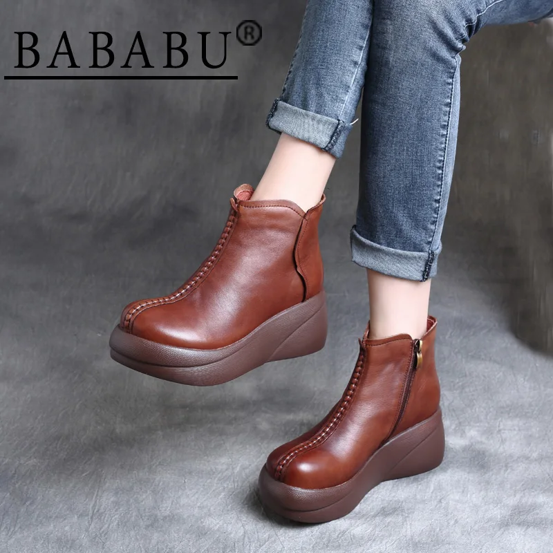 

2019 autumn and winter new retro leather side zipper wedge platform waterproof boots short boots knight boots Martin boots