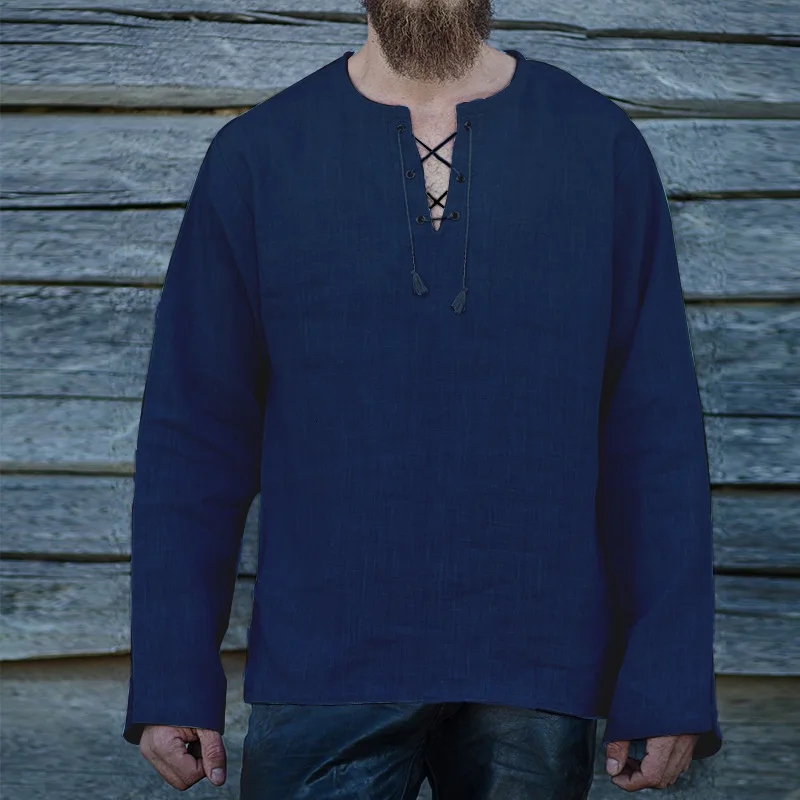 Мужская цепь из нержавеющей стали Свободная Блуза Футболка с длинным рукавом средневековые костюмы для косплея бинты льняная футболка Топы Ranger Knight ретро одежда