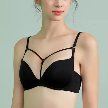 

Women Sexy Glossy Side Gathered Padded Bralette Back Hollow Closure Lingerie Brassieres Sexy Cross Straps Push Up Bras