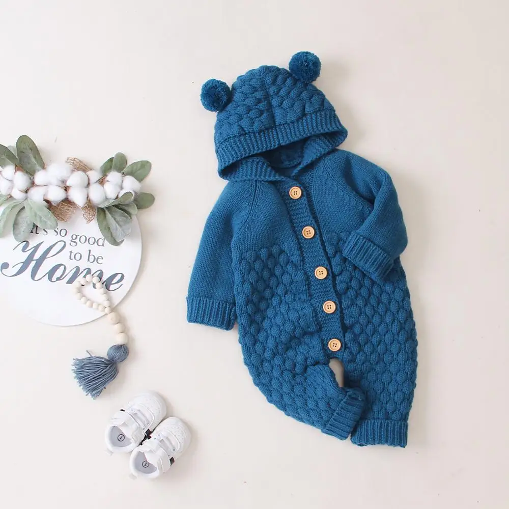 Свитер для малышей; детские вязаные комбинезоны с рисунком медведя; вязаные осенние комбинезоны для новорожденных мальчиков; зимняя одежда с длинными рукавами; Детский комбинезон - Цвет: blue