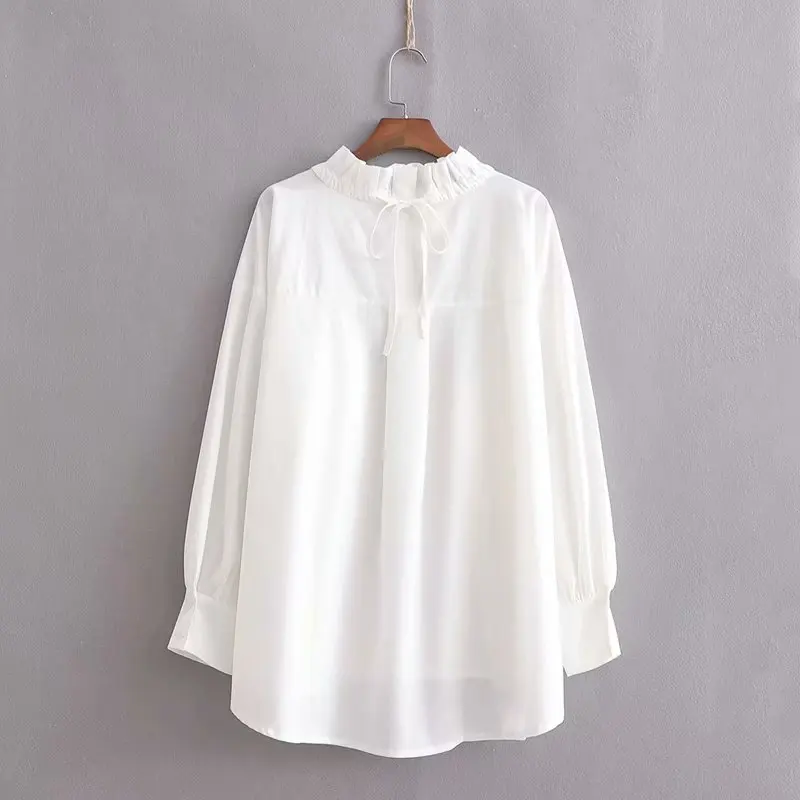 Модная женская рубашка из поплина с оборками и воротником; сезон осень года; женская блузка с длинными рукавами для отдыха; белая блузка топы свободного покроя; S6279