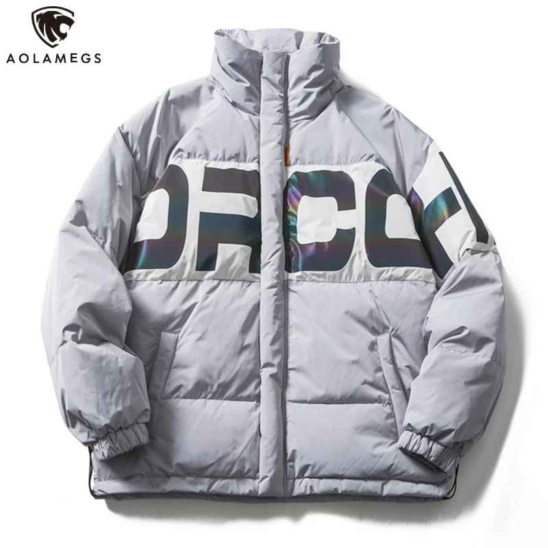 

Aolamegs 2020 Winter Men's Down Jacket Letter Colorful Reflective Jackets Coats Fashion Thick Outwear Male Gray Duck Down Parka