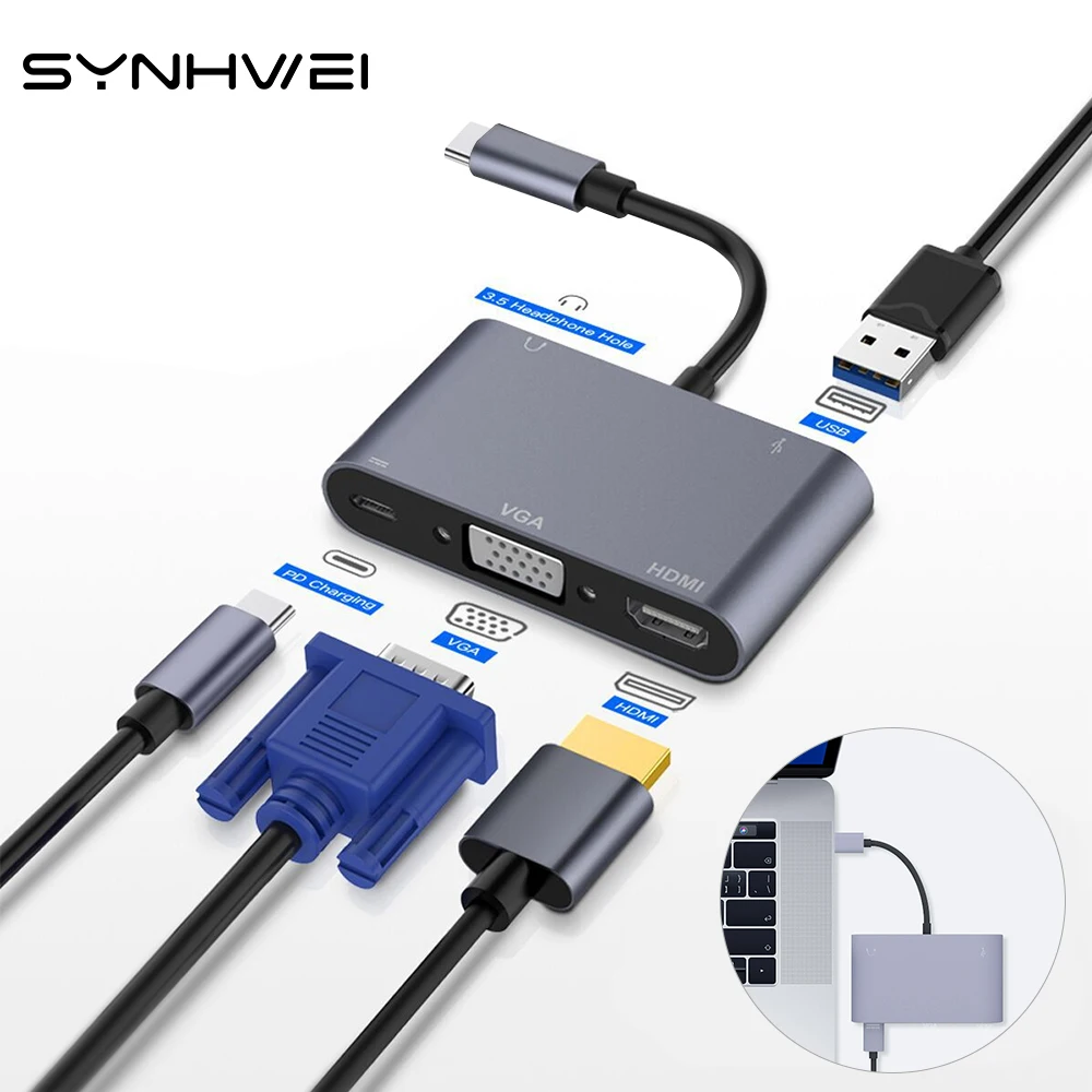 5 в 1 USB 3 0 концентратор для компьютера VGA адаптер ноутбука PD Зарядка портов HDMI 4K мм
