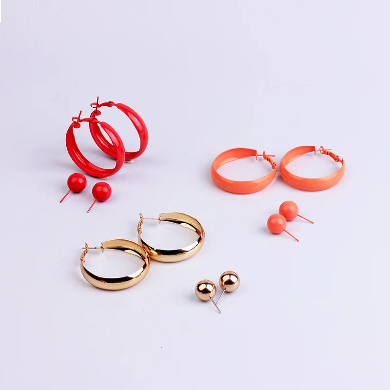 He860d75b67e940789d2ddd65d18f8b65O - 2 Pair Lot Painted Metal Trendy Hoop Earrings Pearl Gold Hoops Earring Set Green Fashion Jewelry Colorful Red Earrings For Women
