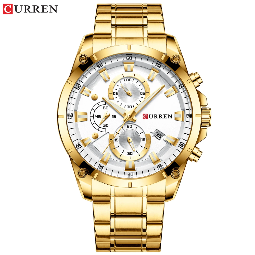 Gold White CURREN Мужские часы Роскошный Креативный дизайн кварцевые мужские часы с хронографом из нержавеющей стали спортивные часы мужские часы Relojes - Цвет: Gold White
