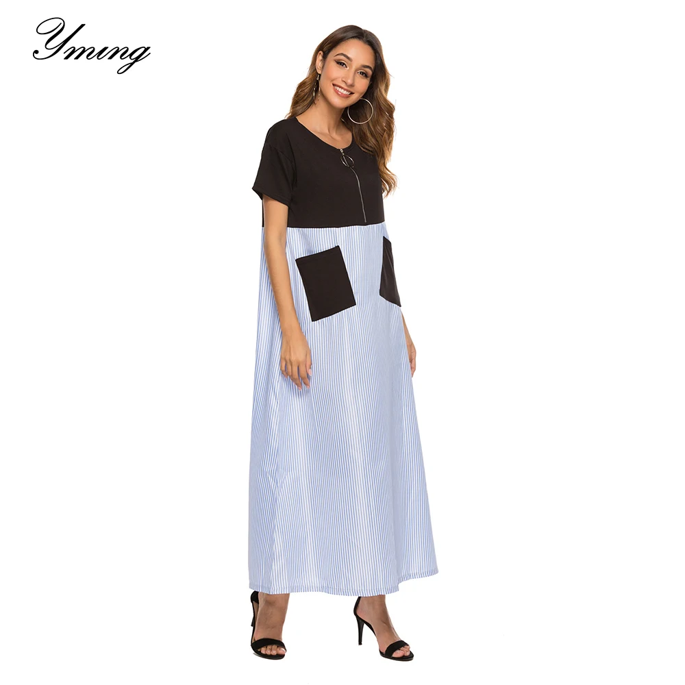 

YMING Women's Summer Patchwork Long Dresses Pocket Casual Dress Loose Round Neck A-line Dresses Women Out Party Splicing Vestido