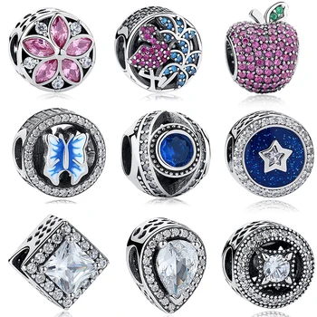

Luxury Solid 925 Sterling Silver Flower Apple Butterfly Pink Blue Crystal Charm Beads fit Bracelets Bangles for Women Jewelry