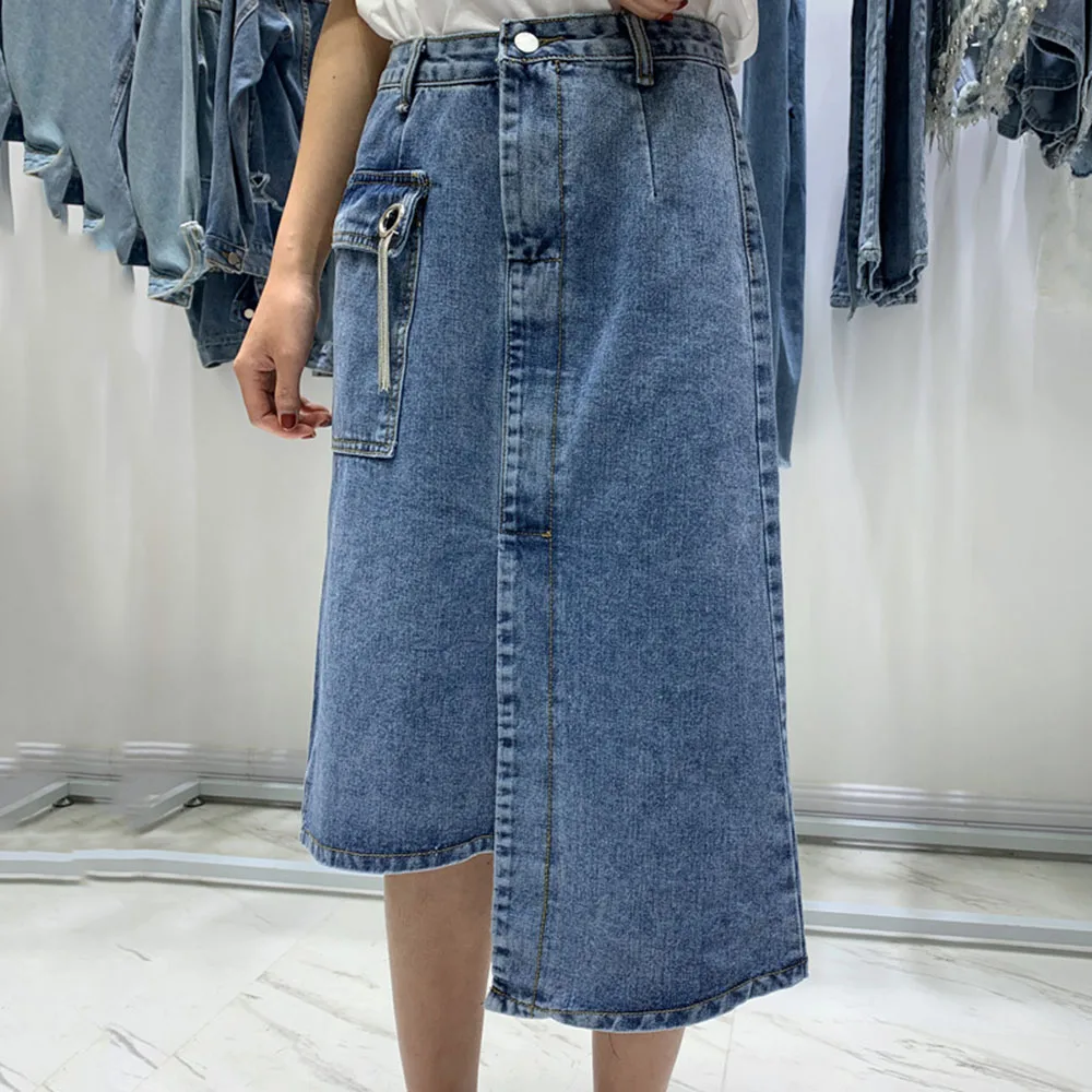 Chic Irregular A-line Denim Skirt Korean Style Fashion High-waist Vintage Jeans Maxi Student Young Casual Elegant | Женская одежда