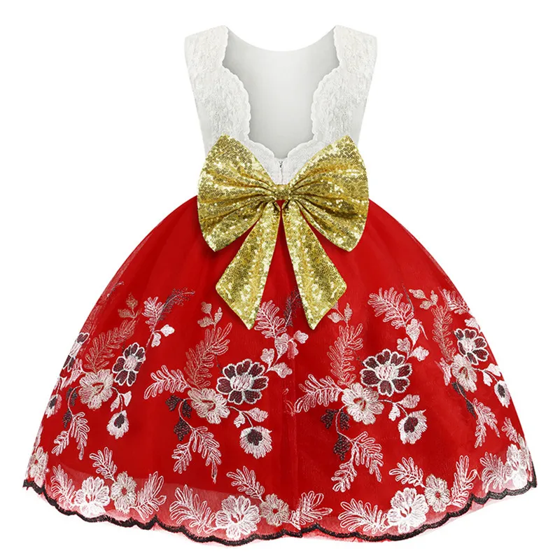 Летняя детская одежда милое платье с лямкой на шее для девочек платье для малышей с вышитыми цветами, блестками и большим бантом детское кружевное праздничное платье на день рождения - Цвет: as picture
