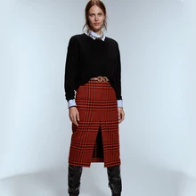 ZA новая трендовая красная клетчатая юбка Женская Осень Зима Высокая талия темперамент элегантный передний карман передний подол Сплит застежка юбка леди