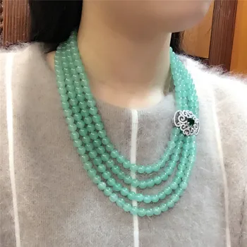 

Hot sell natural dongling green Jade stone beads multi-layered micro inlay zircon clasp necklace fashion jewelry