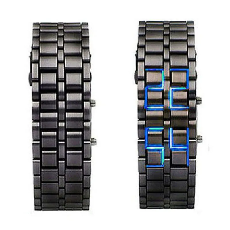 Fashion Black Full Metal Digital Lava Wrist Watch Men Red/Blue LED Display Men's Watches Gifts for Male Boy Sport Creative Clock
