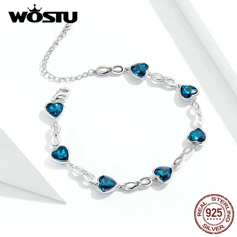 WOSTU, 925 пробы, серебряный браслет с океанским сердцем для женщин, синие австрийские стразы, свадебные оригинальные браслеты, ювелирные изделия, FIB163