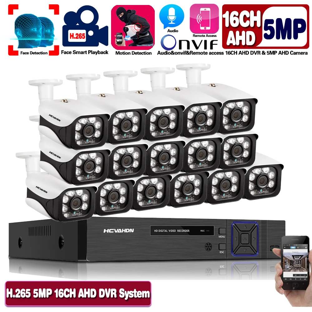 HOT Sale  16CH 5MP 1080P DVR CCTV Security System AHD DVR Kit 5MP 2592*1944 IR Outdoor IP66 Waterproof Camera 