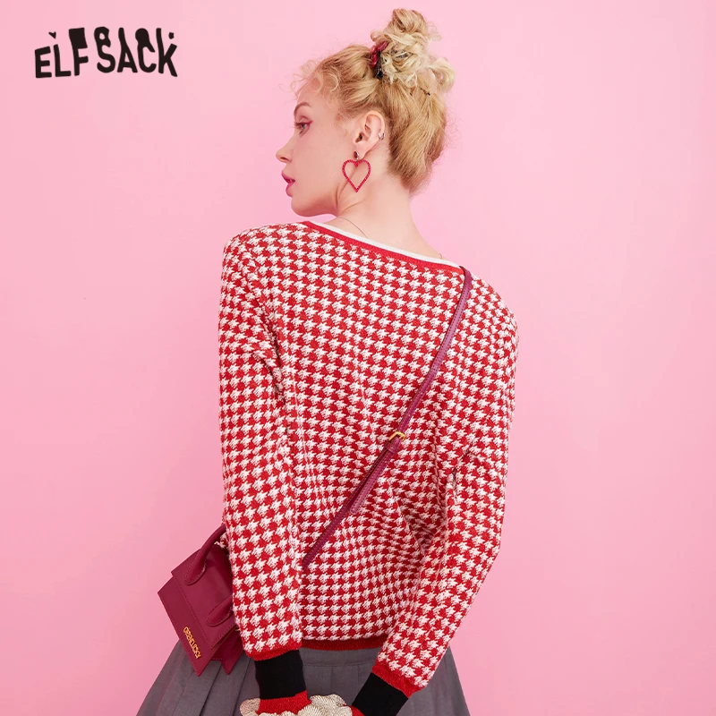 ELFSACK, красный, контрастная отделка, в полоску, с рюшами, в клетку, милый кардиган, свитер, женская одежда, осень, корейский стиль, консервативный стиль, женские свитера
