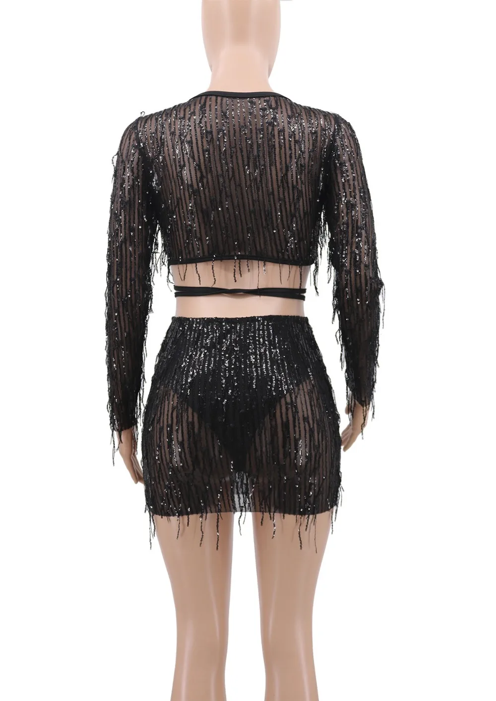 Fall Deep V Neck Lace Up Sexy 2 Piece Sets Women Club Party Outfits Sheer Mesh Tassel Beaded Two Piece Skirt Set (1)
