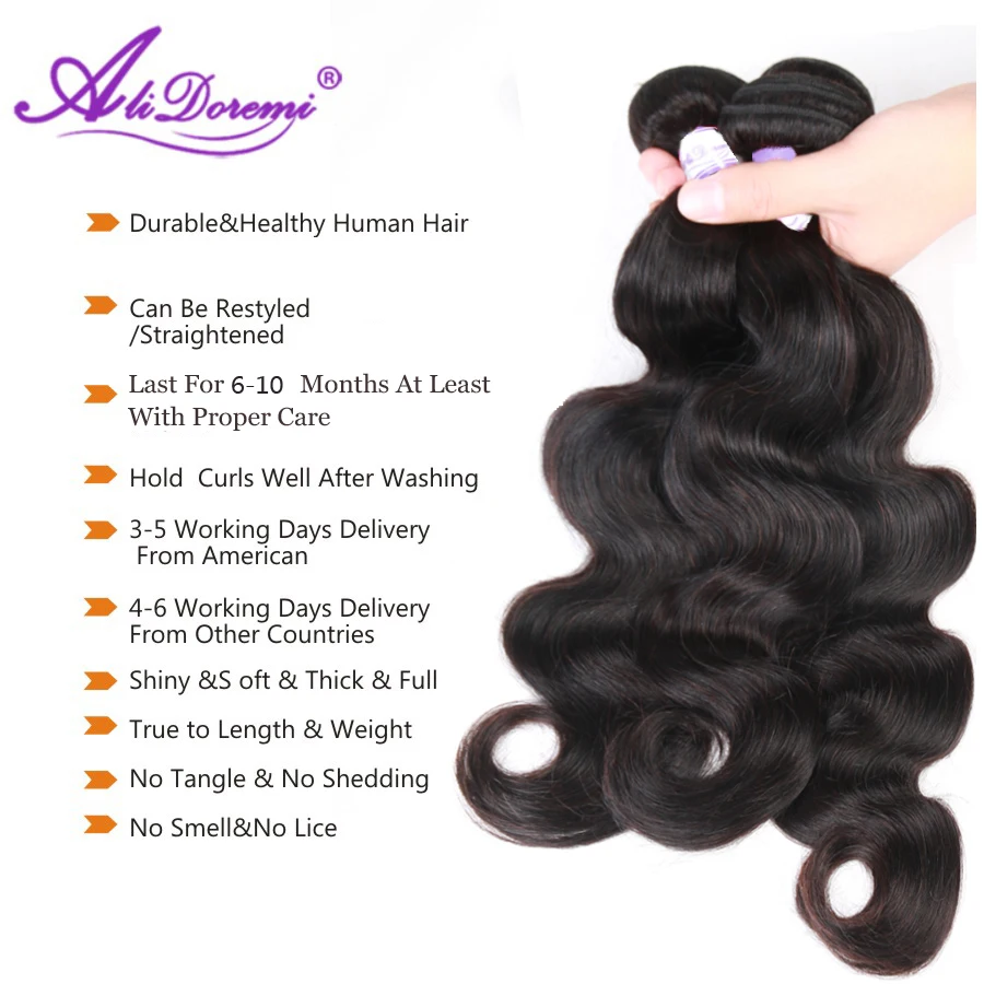 Brazilian Body Wave Hair 3 /4 Bundles 100% Human Hair Weave 8-28 Inch Natural Black Alidoremi Remy Hair Extension