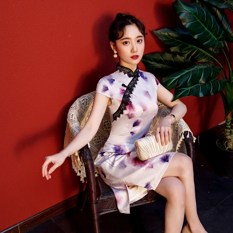 

New Elegent Women Double-layer Printing Imitation Silk Modified Stand Short Collar Dresess Lady Daily Girl Cheongsam Dress