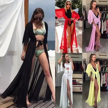 

Women Chiffon Kimono Beach Cardigan Bikini Cover Up Wrap Beachwear Long Dress