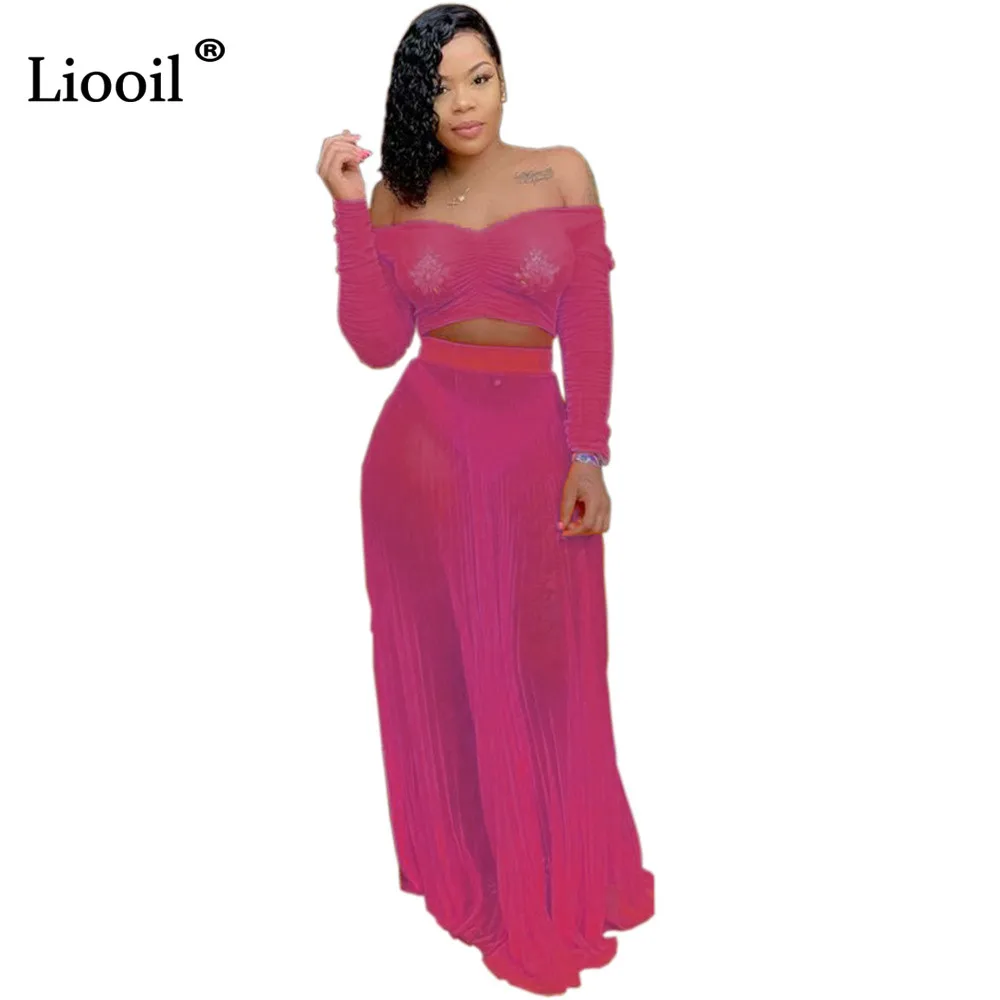 Liooil, сексуальное, прозрачное, Сетчатое, комплект из двух частей, свободное, плиссированное, макси платье, женская одежда для клуба, с открытыми плечами, с длинным рукавом, с рюшами, платье для ночного клуба