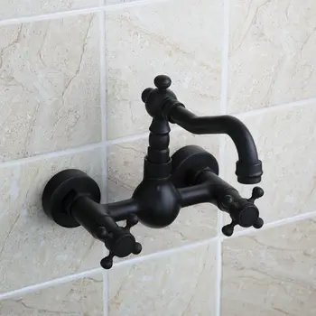 

Black Oil Rubbed Bronze Wall Mounted Basin Faucets Dual Handles Kitchen Bathroom Faucet 360 Swivel Spout Mixer Tap