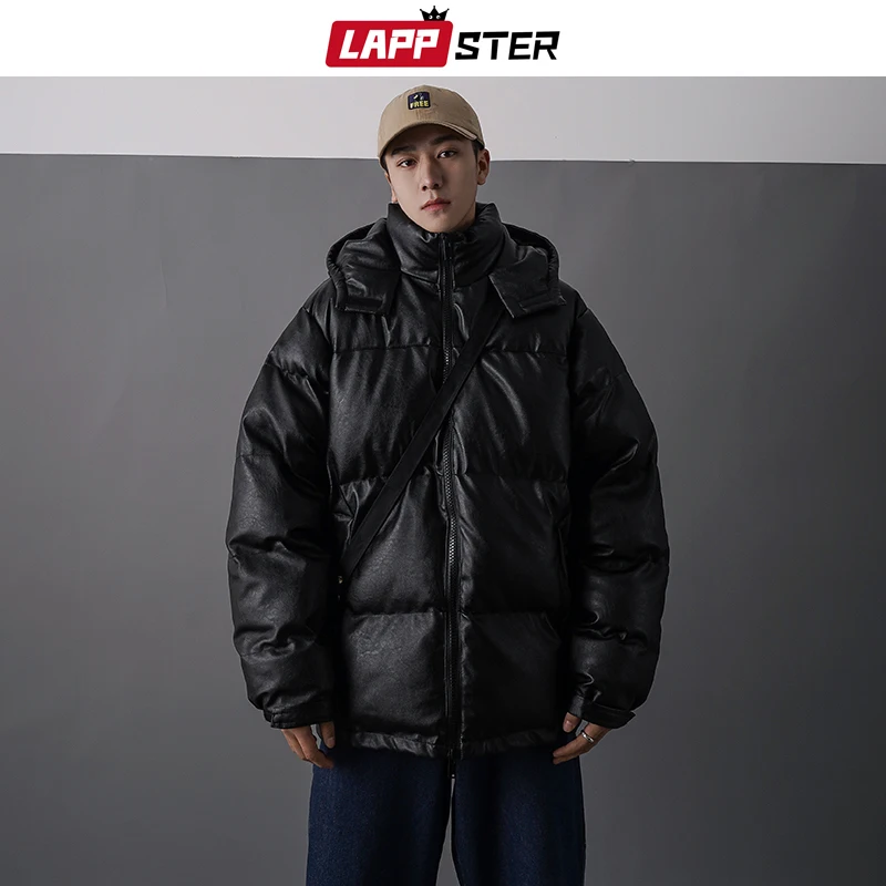 

LAPPSTER Men Japanese Streetwear Leather Puffer Jacket 2023 Mens Hip Hop Black Winter Bubble Jackets Coats Couple Korean Parka