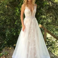 Новинка, элегантное платье для выпускного вечера, а-силуэт, глубокий v-образный вырез, длина до пола, белый тюль, Аппликации, расшитые бисером, кружевные вечерние платья для выпускного вечера