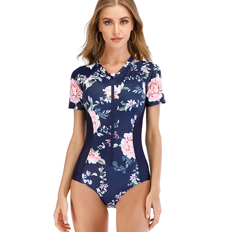 Women Diving Short Sleeve Zipper Rashguard One-piece Swimsuit Surfing Top Rash Guard Sport wear S-2XL UPF50+