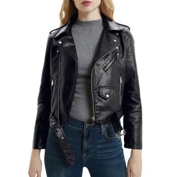 

2019 Korean Motorcycle Short Coat New Spring Women's Jacket The Self-cultivation Pu Leather Jacket Women's Leather Bright