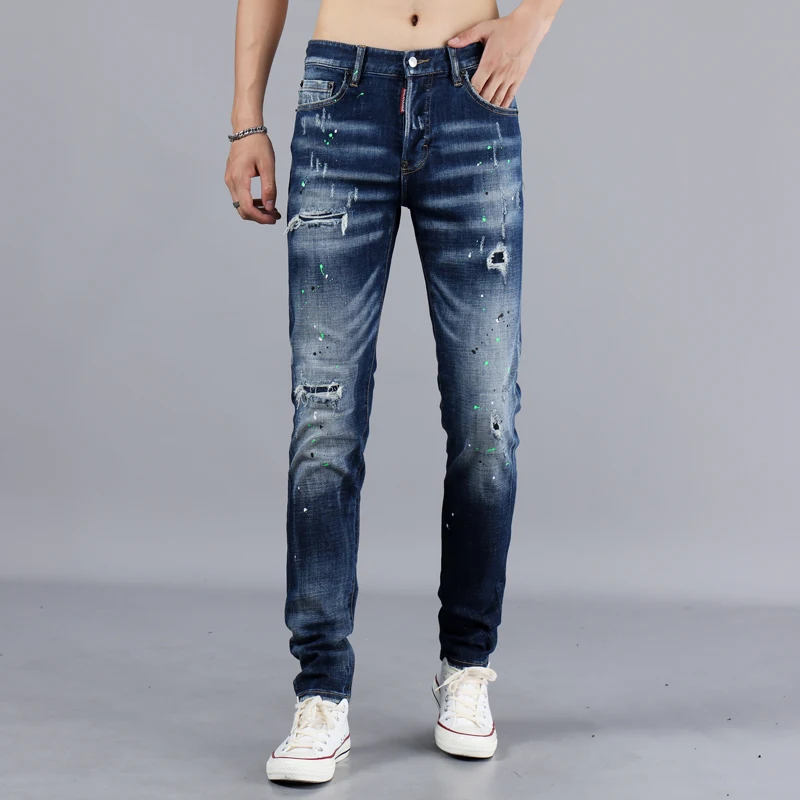

Italian Style Fashion Men Jeans Retro Blue Wash High Quality Paint Ripped Jeans For Men Slim Fit Elastic Brand Designer Jeans