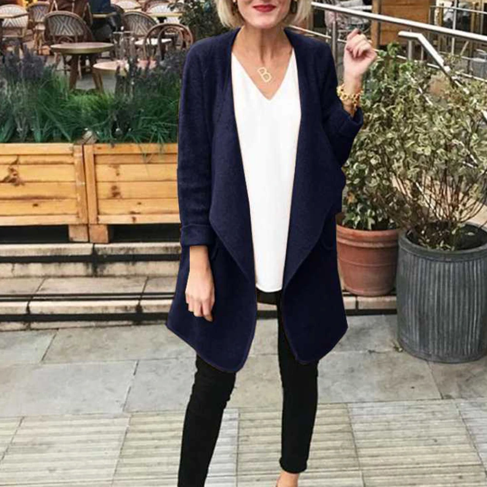 Manteau Femme осень зима женский модный кардиган с длинными рукавами Свободная блуза шерстяная розовая серая однотонная Повседневная кардиганы пальто - Цвет: NavyBlue