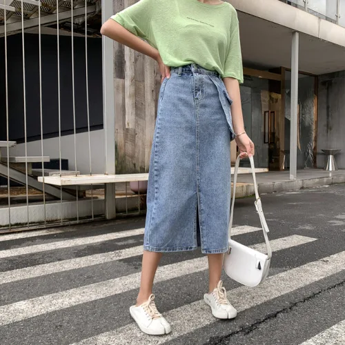 

Retro Slit Denim Skirt Women's 2020 Spring New Style High-waisted Pocket Slimming Mid-length Skirt Fashion Summer