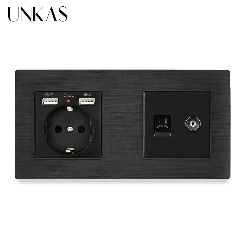 UNKAS 1 Gang EU алюминиевая металлическая панельная Розетка с USB + RJ45 Интернет разъем ТВ