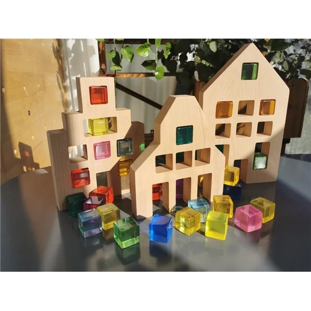 Kids Montessori Wooden Toys Large Dutch Wood House with Lucite Cube Creative Education Blocks Birthday Gift 2