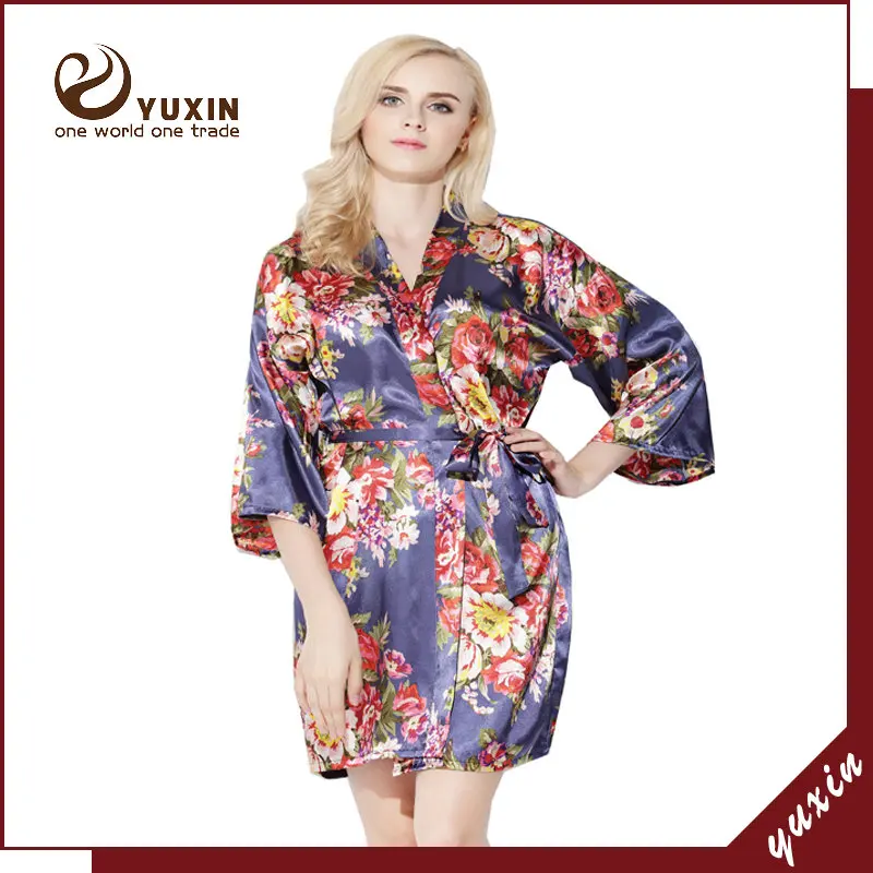 navy blue Owiter цветочный шелковые атласные халаты Для женщин пикантные туфли под свадебное подвенечное кимоно халат невесты женский банный халат Ночное платье вечерние платья - Цвет: navy blue