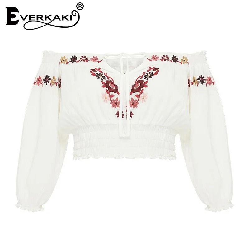 Everkaki Boho Цветочная женская блузка с вышивкой короткие топы с открытыми плечами на шнуровке винтажный топ в цыганском стиле Блузки женские Осень новинка - Цвет: White