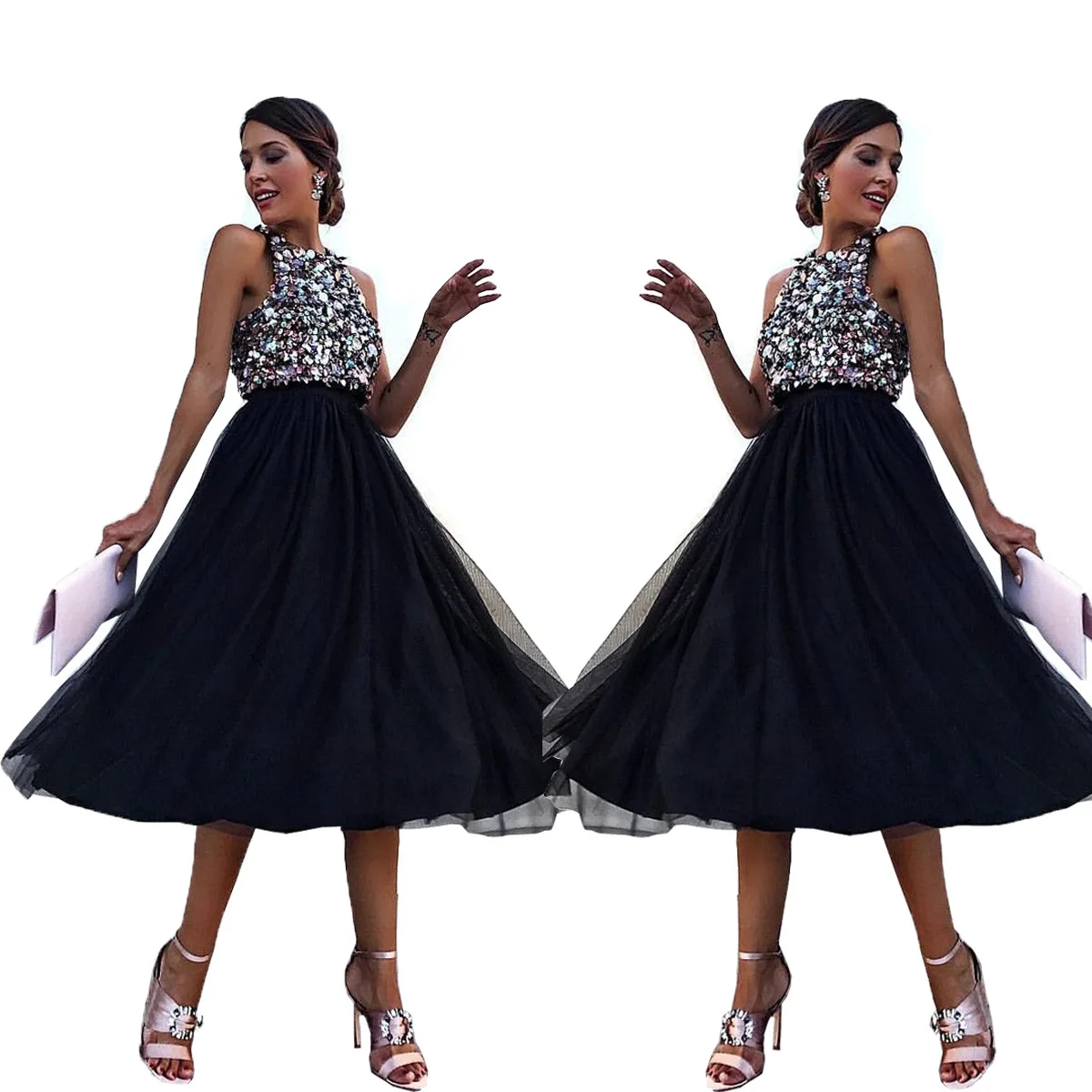 

BacklakeGirls 2019 Black Halter Sleeveless Sequined Coktail Dress Slim Knee Length Women Dress For Cocktail Party