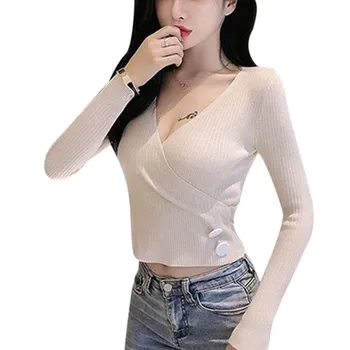 

Women Autumn Winter Sweaters Solid Slim Long-Sleeved V Collar Slim Bottom Knit Sweater Pull Femme