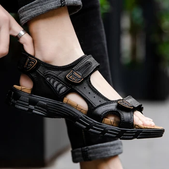 

man sandals summer breathable men handmade genuine leather roman shoes hollow outdoor lightweight breathable casual beach rubber