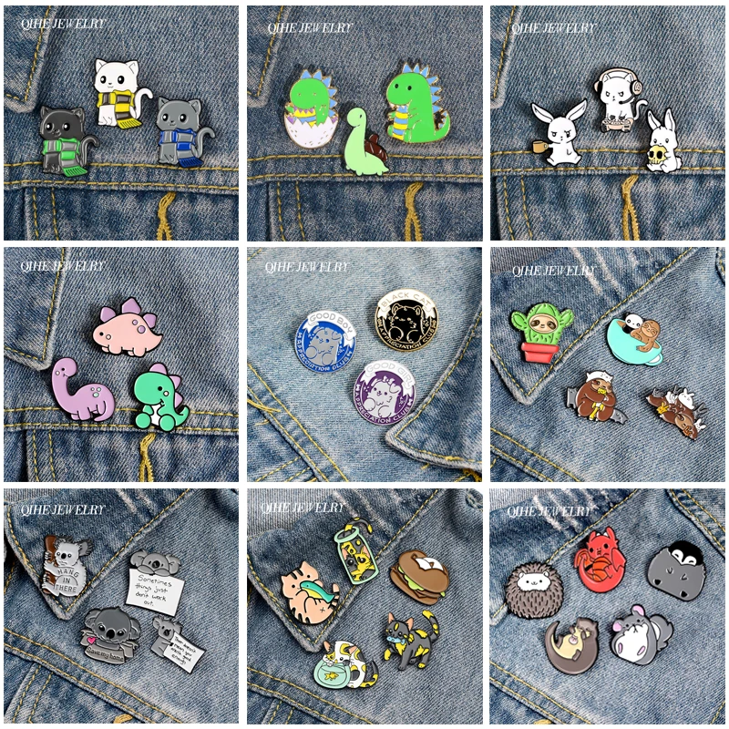 

QIHE JEWELRY Cute Animals sets Enamel Lapel Pins Cats Sloths Koalas Dinosaurs Brooches Badges Gifts for Friends Pins Wholesale