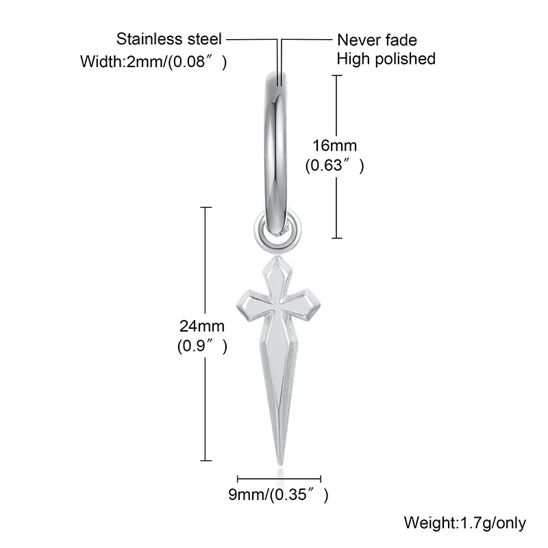 Men Huggie Hoops Earring, Minimal Sword Cross Dangles Earrings, Stainless Steel Men's Biker Jewelry - Image 2