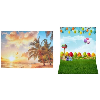 

2Pcs Photography Backdrops Vinyl Backgrounds Props 5X3Ft - Beach Sunset Beauty & Easter Egg Air Balloon Cartoon