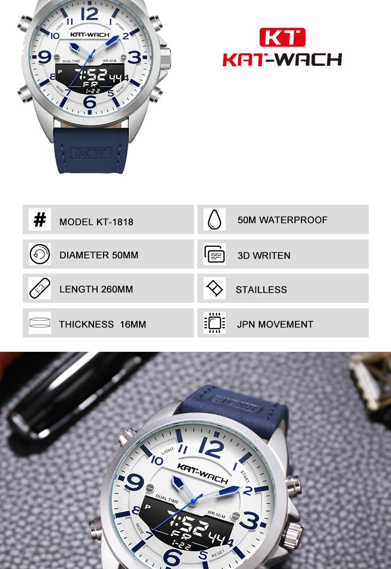 KT Роскошные мужские часы Топ бренд кожаные часы Мужские кварцевые аналоговые цифровые водонепроницаемые наручные часы большие часы Klok KT1818