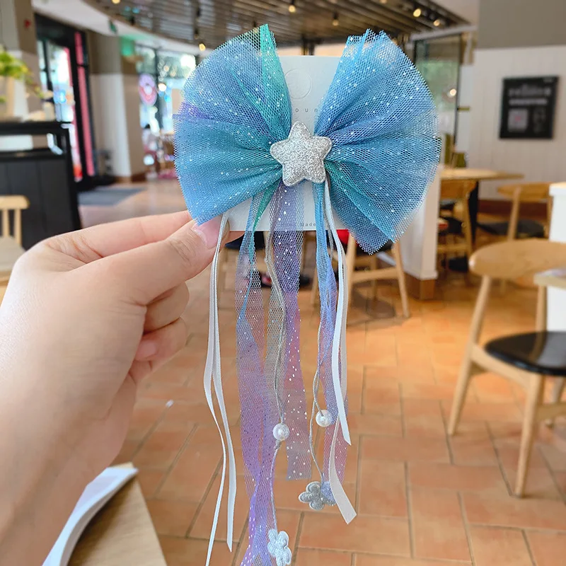 

Cute Girls Christmas Party Blue Bowknot Stars Snowflake Long Ribbon Hair Clips Starry Sky Blue Hairpins Shining Bobby Pins