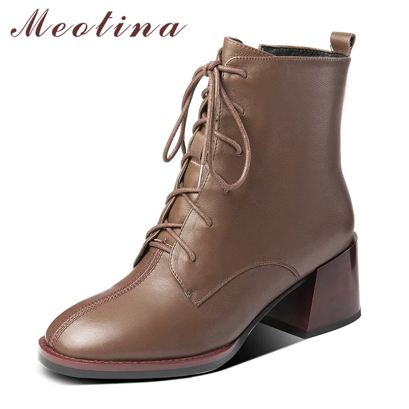

Meotina Winter Ankle Boots Women Natural Genuine Leather Chunky High Heel Short Boots Zipper Round Toe Shoes Lady Autumn Size 42
