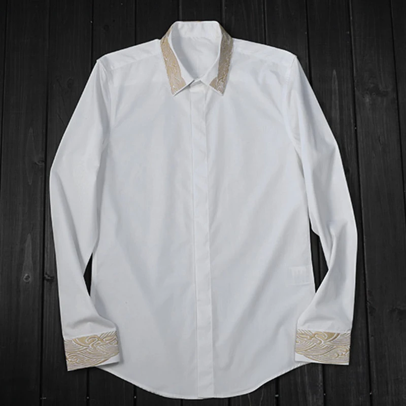 New men's shirt collar cuff embroidery gold auspicious cloud Fashion high quality cotton man shirt business leisure nightclub - Цвет: Белый