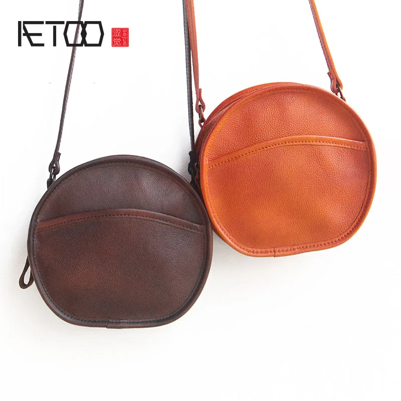 

BJYL Female bag new retro first layer leather bag vegetable tanned leather round small package shoulder diagonal package